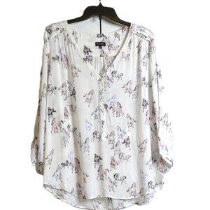 Phase 8 White Blouse Women Size 16 Horse Equestrian Designer Top 3/4 Sleeve Boho
